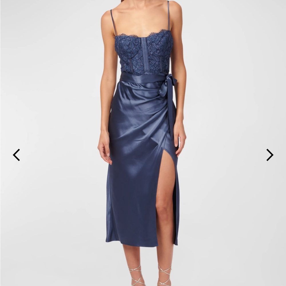 Cami Trishia bustier lace satin wrap skirt dress in stone wash